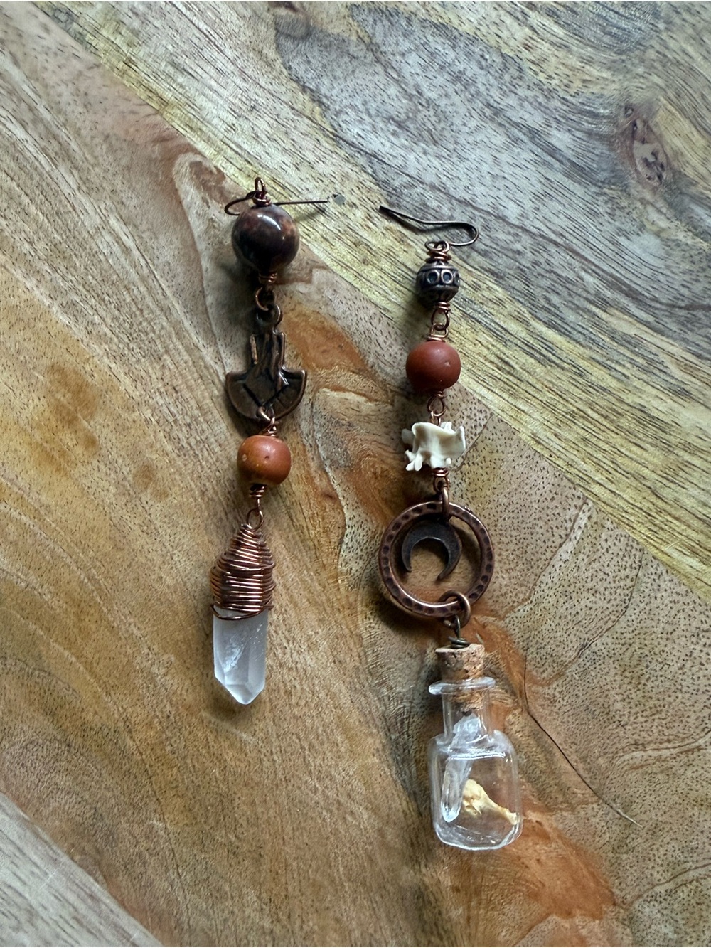 Artisan Copper Crystal & Earth-Bead Asymmetric Dangle Earrings - Clear & Brown